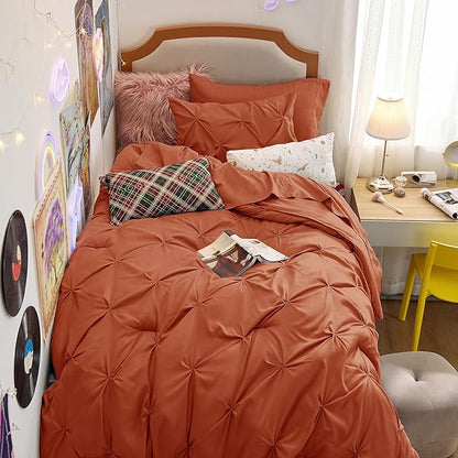 Bedsure Twin Size Comforter Sets - 5 Pieces Pintuck Bed Set Twin Size, Orange Twin Size Bed in a Bag with Comforter, Sheets, Pillowcase & Sham - LeafyLoom