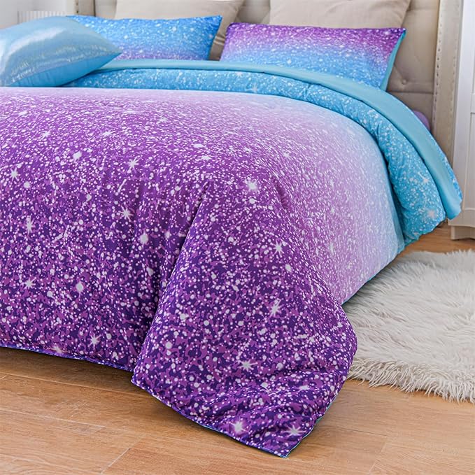 A Nice Night Girls Comforter Set Full Size 6 Piece Bed in A Bag 3D Colorful Sparkle Galaxy Rainbow Bedding Comforter Sheet Sets for Kids,BluePurple - LeafyLoom