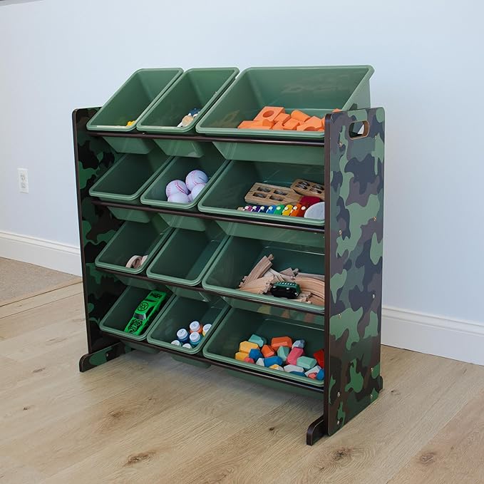 Humble Crew, Army Green Camo Hunter Toy Organizer with 12 Plastic Storage Bins - LeafyLoom