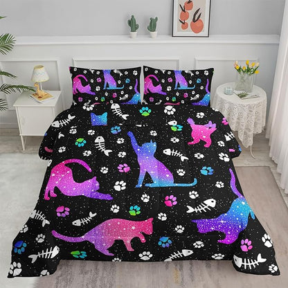 Cute Cat Comforter Kids Bedding Set Full,3Pcs Soft Paw Fish Bone Print Quilt Set Bed in A Bag with 1 Comforter 2 Pillowcases for Kids Boys Girls Teens Adults Room Decor All Season Gradient Purple Blue - LeafyLoom