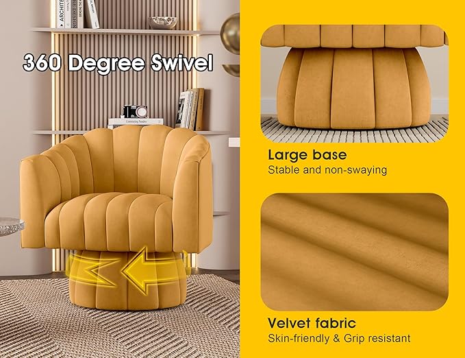 Accent Chair Mid Century 360 Degree Swivel Chair,Modern Lounge Sofa Round Barrel Chair with Wide Upholstered,Fluffy Velvet Fabric Chairs for Home Sofa Living Room/Bedroom/Waiting Room (Mustard) - LeafyLoom