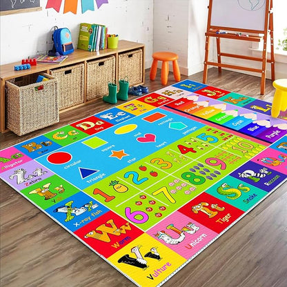 Kids Alphabet Play Game Rug - 5'x7' ABC Numbers and Shapes Educational Learning Toddler Carpet - Kids Room Playroom Classroom Kindergarten Activity Fun Soft Non-Slip Mat - LeafyLoom