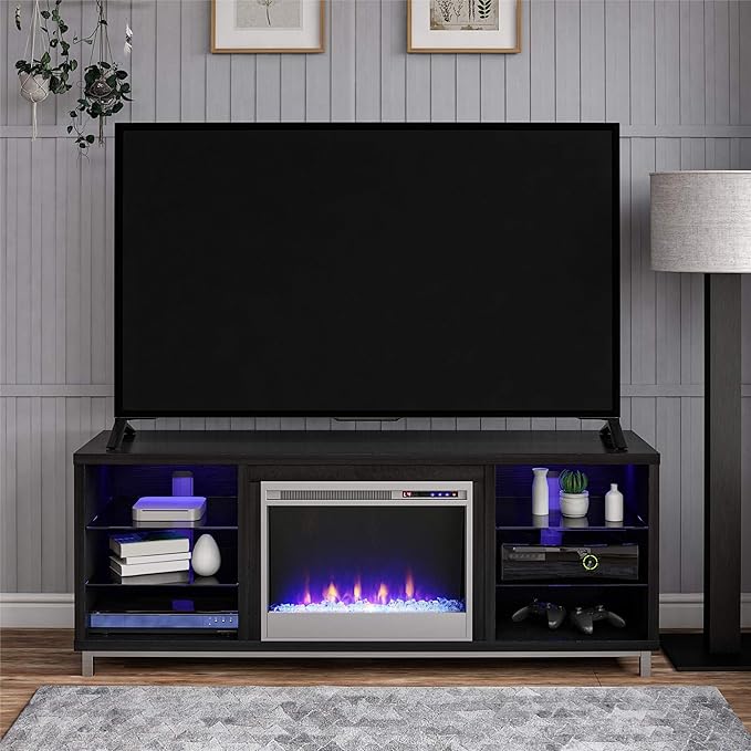 Ameriwood Home Lumina Fireplace TV Stand for TVs up to 70 Inch, Replaceable Electric Fireplace Insert Heater, Remote Control, Timer, Color Changing LED Lights, Crystal Ember Flames, Black Oak - LeafyLoom