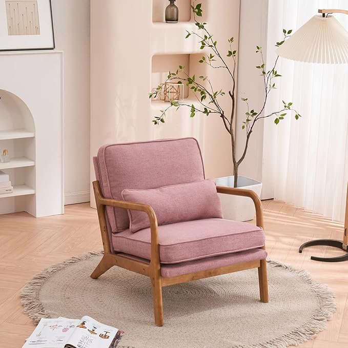 Bonnlo Linen Pink Mid Century Modern Accent Chair, Soild Wood Padding Lounge Armchairs Side Sitting Chairs for Living Room, Bedroom, Guest Room - LeafyLoom