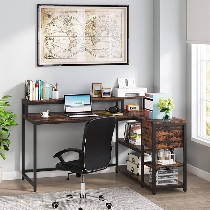 Reversible L-Shaped Computer Desk with hutch & Shelf,rustic - LeafyLoom