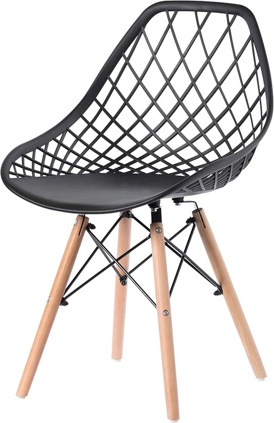 Mid-Century Modern Style Plastic DSW Shell Dining Chair with Lattice Back and Wooden Dowel Eiffel Legs, Black - LeafyLoom