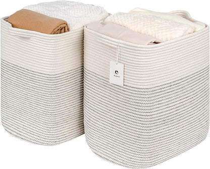 Extra Blanket,Storage Baskets for Clothes Fabric Cotton Rope Storage Basket with Handles, Decorative Woven Basket for Living Room,Laundry Basket Closet Organizer Blankets, and Toys 2bags - LeafyLoom