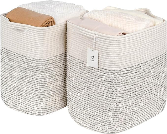 Extra Blanket,Storage Baskets for Clothes Fabric Cotton Rope Storage Basket with Handles, Decorative Woven Basket for Living Room,Laundry Basket Closet Organizer Blankets, and Toys 2bags - LeafyLoom