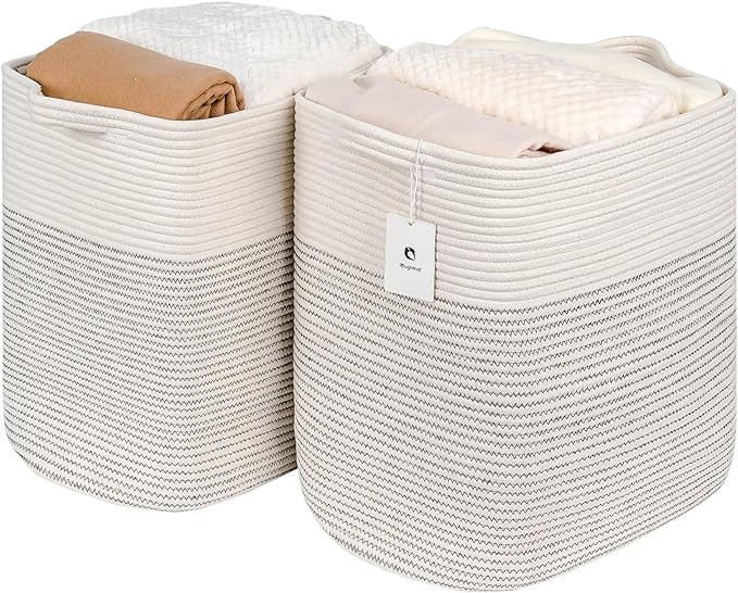 Cloth Large Blanket Basket,Storage Basket Bins Rectangle Small Woven Baskets for Storage, Nursery Cotton Rope Basket Living Room, Toy Basket For Organizing, Clothes Laundry Baskets set of 2 - LeafyLoom