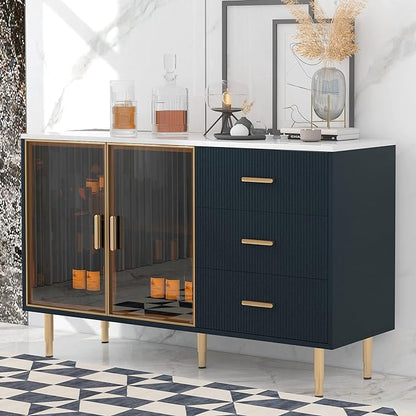 Modern Sideboard MDF with Marble Sticker Tabletop and Amber-Yellow Tempered Glass Doors,Freestanding Buffet Storage Cabinet,W/Gold Metal Legs & Handles,for Dining Room,Kitchen,Navy Blue, 60" - LeafyLoom