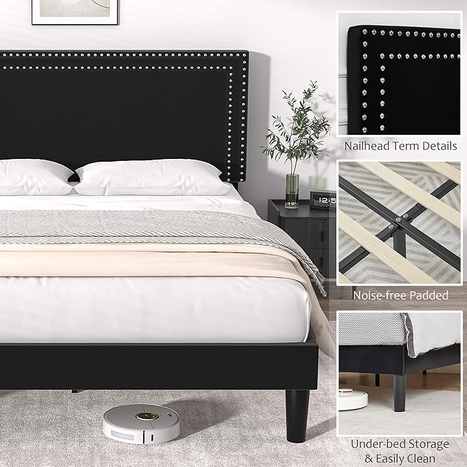 VECELO Full Size Platform Bed Frame with Adjustable Upholstered Headboard, Modern Mattress Foundation,Strong Wood Slat Support, No Box Spring Needed, Easy Assembly - LeafyLoom