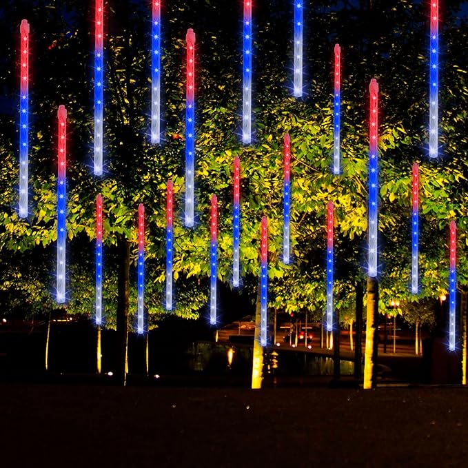 Dazzle Bright 4th of July Lights Decorations, 288LED Red Blue and White Meteor Shower Rain Lights 12Inch 8 Tubes, Waterproof Plug in Falling Rain Lights Independence Day for Outdoor Yard DazzleBright