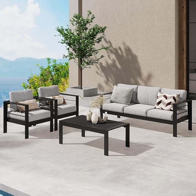 Wisteria Lane Aluminum Outdoor Patio Furniture Set, 4 Pcs Modern Outdoor Conversation Set Sectional Sofa with Upgrade Cushion and Coffee Table for Balcony,Black Frame and Grey Cushion - LeafyLoom