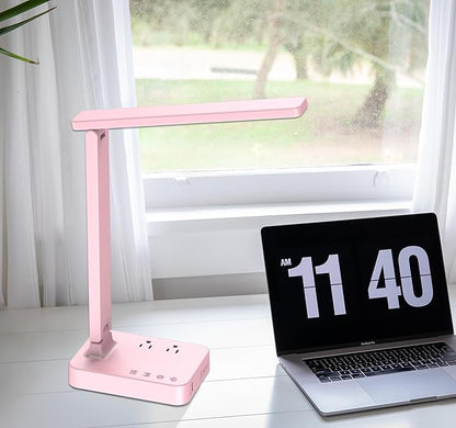 Drevet LED Desk Lamp, Desk Light with 1 USB Charging Port and 2 AC Power Outlet, 3 Lighting Modes, 3 Level Brightness,1H Timer, Touch Control, Eye-Caring Home Office Foldable Table Lamp (Pink) - LeafyLoom