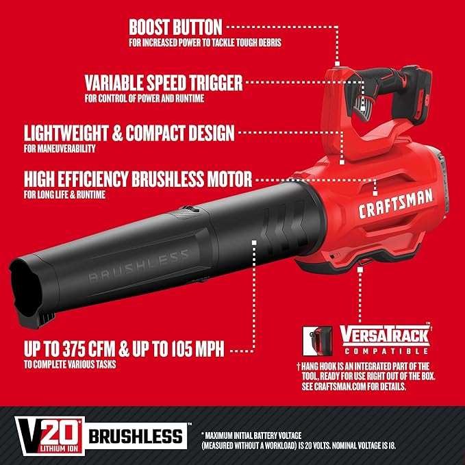 CRAFTSMAN 20V MAX Cordless Leaf Blower, Battery & Charger Included (CMCBL720M1) Red - LeafyLoom