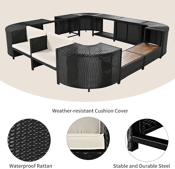 Outdoor Spa Surround Set Patio Furniture with Storage Space, Wood Seatings and Waterproof Cushions, Quadrilateral Rattan Sectional Sofa, for Backyard Deck Poolside, Onesize, Beige - LeafyLoom