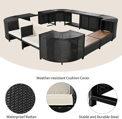 Outdoor Spa Surround Set Patio Furniture with Storage Space, Wood Seatings and Waterproof Cushions, Quadrilateral Rattan Sectional Sofa, for Backyard Deck Poolside, Onesize, Beige - LeafyLoom