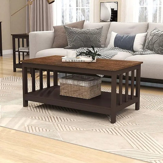 ChooChoo Farmhouse Coffee Table, Espresso Living Room Table with Shelf, 40 Inch - LeafyLoom