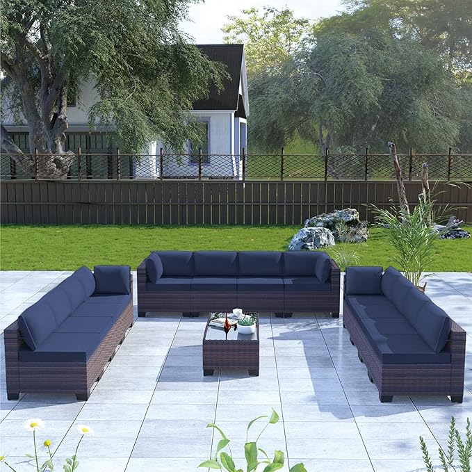 Kullavik 14PCS Outdoor Patio Furniture Set PE Wicker Rattan Sectional Sofa Patio Conversation Sets,Navy blue - LeafyLoom