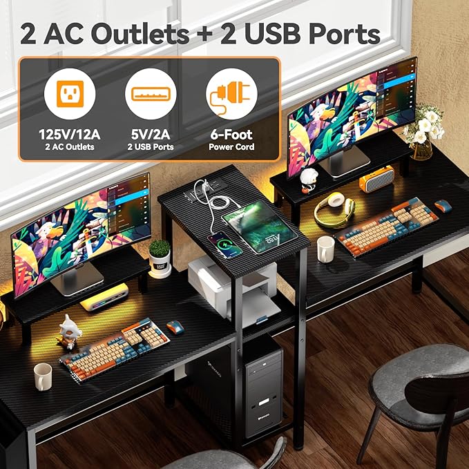 Furologee Charging Station for Black 2 Penson Desk with LED Lights and Monitor Stand - LeafyLoom