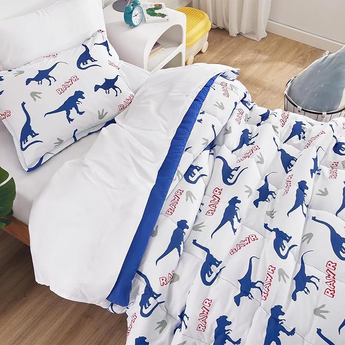 SLEEP ZONE Cartoon Dinosaur Comforter Set, Dark Blue Kids Bedding Set for Boys, Dinosaurs Print Comforter, Sheet, Pillowcase & Sham (Dinosaur Footprints, Twin) - LeafyLoom