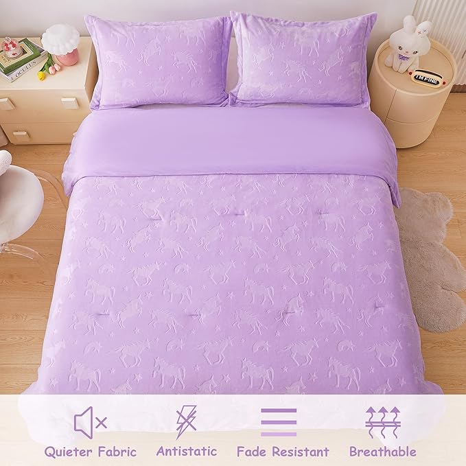 Mooreeke Full Kids Comforter Bed Set, Embossed Plush Fleece Soft & Warm 3 Piece Bed in A Bag with Shams, Velour Velvet Purple Unicorn Girls Kids Bedding Set, Fluffy Fuzzy Polar Cozy and Stylish - LeafyLoom