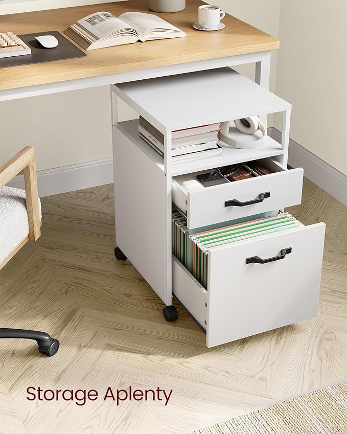 VASAGLE File Cabinet, Mobile Filing Cabinet with Wheels, 2 Drawers, Open Shelf, for A4, Letter Size, Hanging File Folders, Cloud White UOFC071W14 - LeafyLoom