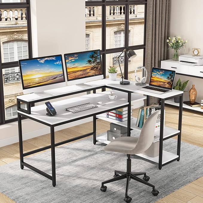 Reversible L Shaped Computer Desk with Storage Shelf, Industrial Corner Desk with Monitor Stand for Home Office - LeafyLoom