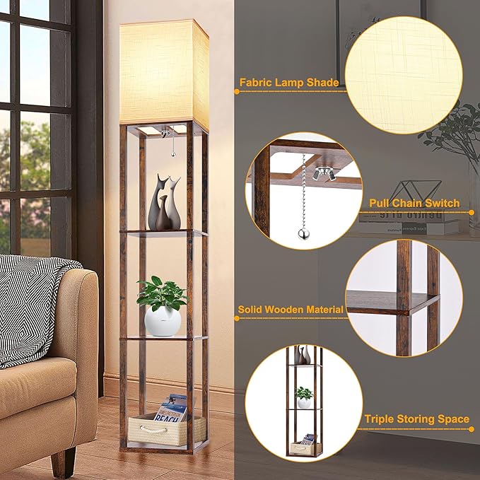 Floor Lamp with Shelves for Living Room Brown, Shelf Floor Lamp with 3 CCT LED Bulb, Corner Display Standing Column Lamp Etagere Organizer Tower Nightstand with White Linen Shade for Bedroom - LeafyLoom