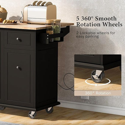 53.9" Drop Leaf, Rolling Island on Wheels w/Drawer and 3-Tier Pull Out Cabinet Organizer, Kitchen Storage Cart with Spice, Towel Rack, Black, 53.94 Inch - LeafyLoom