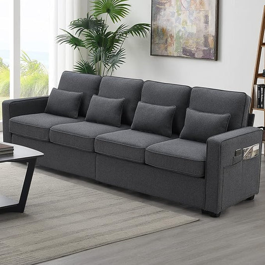 Modern Linen Fabric Sectional Sofa with Armrest Pockets and 4 Pillows, Deep Thick Cushion, Minimalist Upholstered 4-Seat Comfy Couch for Living Room, Apartment, Office, 104inch, Dark Grey - LeafyLoom