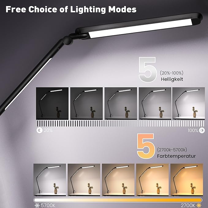 LED Desk Lamp with Clamp, Desk Light, Adjustable Brightness & Color Temperature, Modern Architect Clip on Lamp with Memory & Timer Function, Clamp Light for Study, Work, Home, Office, 15W - LeafyLoom