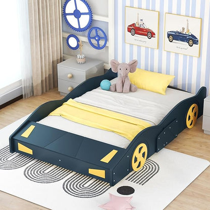 Full Size Race Car-Shaped Platform Bed with Wheels,Wooden Car Bedframe W/Storage Space,No Box Spring Required,for Boys Toddlers Kids Child's Bedroom,Dark Blue+Yellow - LeafyLoom