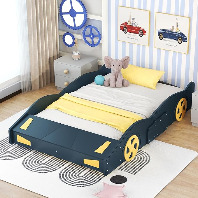 Full Size Race Car Bed for Kids, Car-Shaped Bed Frame with Wheels and Storage Footboard for Boys, Wood Slats Support,No Box Spring Needed, Dark Blue+Yellow - LeafyLoom