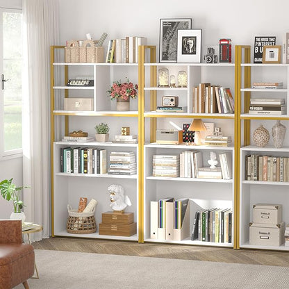 White Industrial Bookshelf, 6 Tier Tall Bookshelves Wood and Gold Metal Frame Standing Bookcase, Display Book Shelf with Adjustable Storage Shelves for Home Office, Living Room, Bed Room, White - LeafyLoom