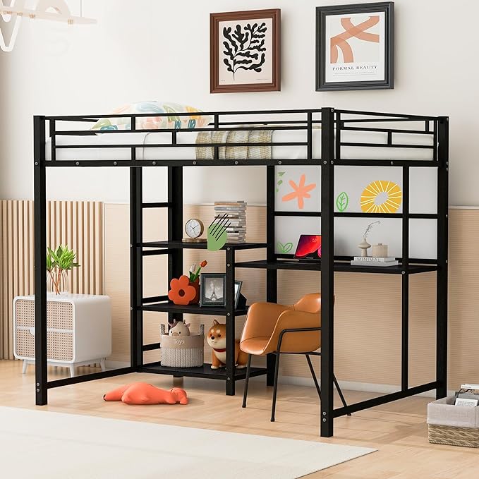 RITSU Full Size Loft Bed, Heavy Duty Metal Bunk Bedframe with Desk and Whiteboard, Safety Guardrail Fence & Ladder, 3 Big Storage Shelves, for Kids, Teens, Black - LeafyLoom