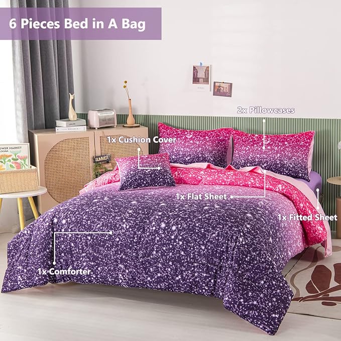 PERFEMET 6Pcs Queen Comforter Set with Sheets, Purple Glitter Tie Dye Girls Bedding Sets, Colorful Ombre Gradient Bed in A Bag, Soft Fluffy Teen Girl Bed Set for Bedroom Decor - LeafyLoom