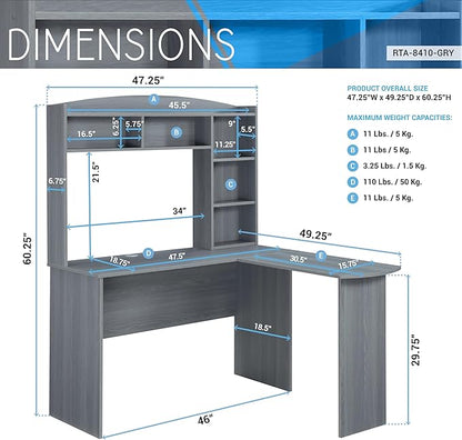 Techni Mobili Modern Hutch L-Shaped Computer Desk, Grey - LeafyLoom