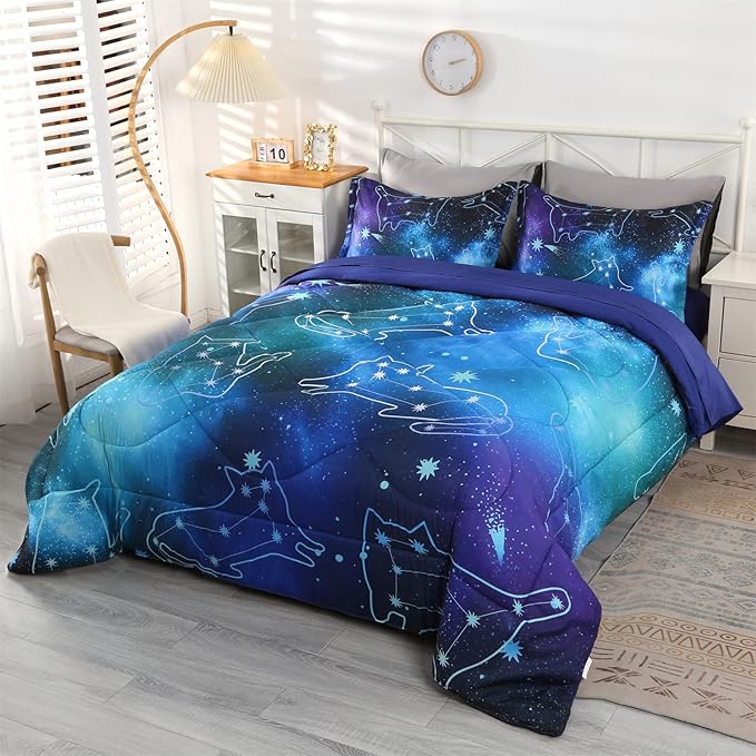 Wowelife 5 Piece Galaxy Space Cat Bedding Comforter Set Queen Constellation Bedding Set Blue Kids Bedding Set Bed in a Bag for Boys and Girls with Comforter, Flat Sheet, Fitted Sheet and 2 Pillowcases - LeafyLoom