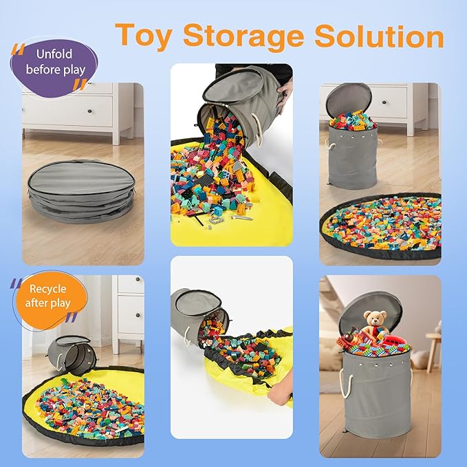 Toy Storage Basket + Play Mat for Kids Toy Chest Organizer Kids Toy Storage Organizer Foldable Big Storage Bins with Lids Large Toy Box for Boys Girls Toy Holders for Kids Rooms Nursery (Gray) - LeafyLoom