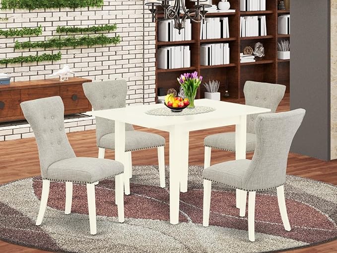 East West Furniture NDGA5-LWH-35 Norden 5 Piece Room Set Includes a Rectangle Kitchen Table with Dropleaf and 4 Doeskin Fabric Parson Dining Chairs, 30x48 Inch, Linen White - LeafyLoom