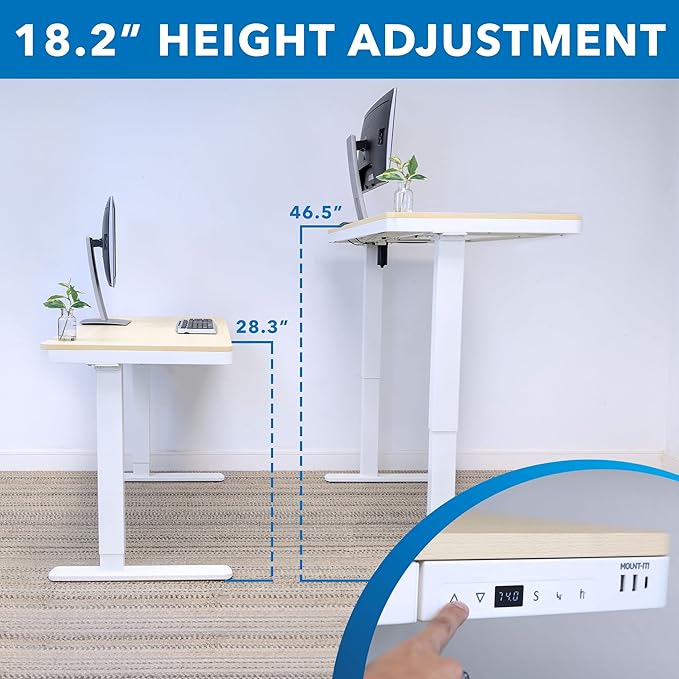 Mount-It! 47.2" Wide x 28.3" Deep Electric Height Adjustable Desk, Ergonomic Standing Workspace, Height Adjustment up to 46.5" Tall, Large Desktop, USB Ports, Drawer, Home Office, White, Maple Top - LeafyLoom