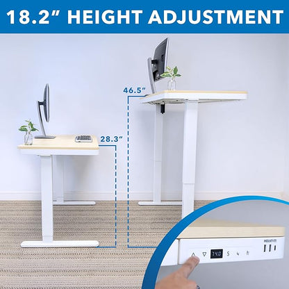 Mount-It! 47.2" Wide x 28.3" Deep Electric Height Adjustable Desk, Ergonomic Standing Workspace, Height Adjustment up to 46.5" Tall, Large Desktop, USB Ports, Drawer, Home Office, White, Maple Top - LeafyLoom