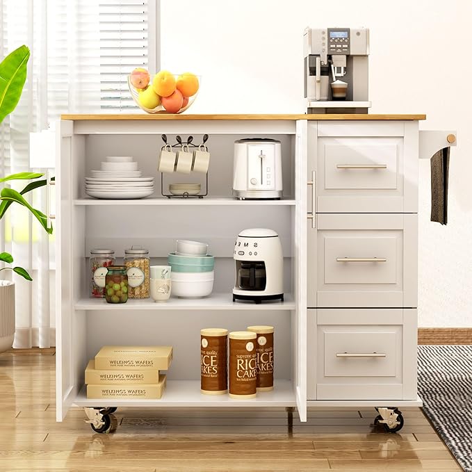 soges Mobile Kitchen Island with Storage and Drop Leaf on Wheels, Rolling Kitchen Island Table Cart with 3 Drawers and Large Storage Cabinets, Spacious Desktop, Adjustable Shelves, White - LeafyLoom