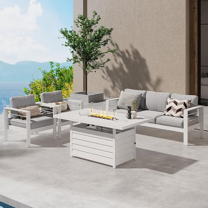 Wisteria Lane Aluminum Patio Furniture Set, 4 Pcs Metal Outdoor Furniture Set with CSA Certified 54in Propane Gas Fire Pit Table, Patio Conversation Set with 5in Olefin Cover Cushions, White - LeafyLoom