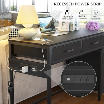 Computer Desk with 5 Drawers, Reversible Office Desk with Power Outlets and USB Charging Ports, Sturdy Writing Table with File Cabinet and Printer Stand, Laptop Desk for Small Spaces, Black - LeafyLoom