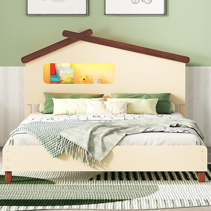 Full Size Bed Frame for Kids,Full Platform Bed with House-Shaped Headboard and Motion Activated Night Lights,Wood Full Kids Bed Frame for Girls,Boys(Full,Cream) - LeafyLoom