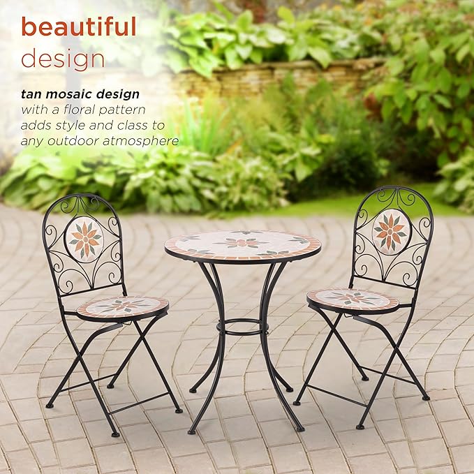 Alpine Corporation Indoor/Outdoor 3-Piece Mosaic Bistro Set Folding Table and Chairs Patio Seating, Tan - LeafyLoom