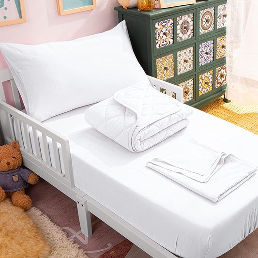 NTBAY Toddler Bedding Set - 4 Piece Soft and Breathable Crib Bedding Set for Boys and Girls, Includes Quilted Comforter, Fitted Sheet, Flat Top Sheet and Envelope Pillowcase, White - LeafyLoom