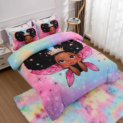 A Nice Night Black Girl Princess with Wings Comforter Set,Pink Gradient Glitter Rainbow Galaxy 6pcs Kids Bedding Set,Full - LeafyLoom